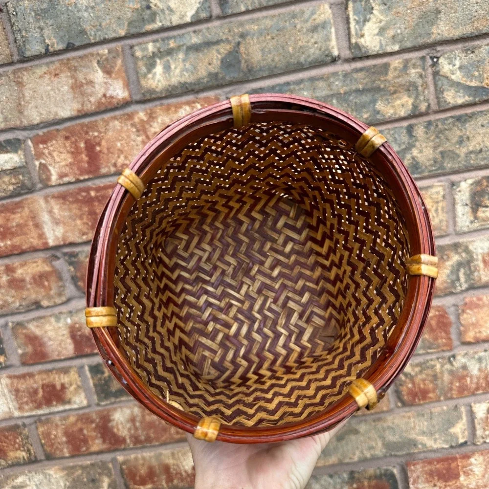 Vintage Woven Bamboo‎ Basket Two Tone Brown Natural Footed Decorative Pot Small